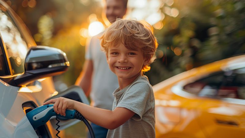 Lachendes Kind lädt E-Auto