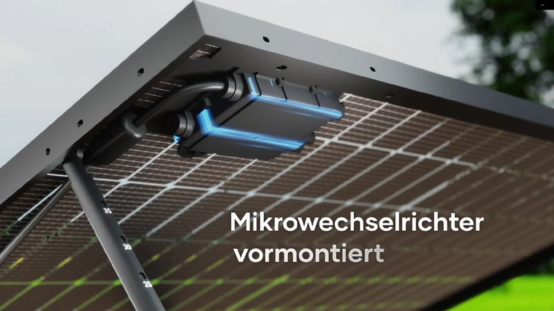 Ein Balkonkraftwerk ist aufgestellt, sodass man den Mikrowechselrichter sieht
